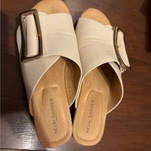 Kelsi Dagger Cream Slide Mules with Gold Buckle
